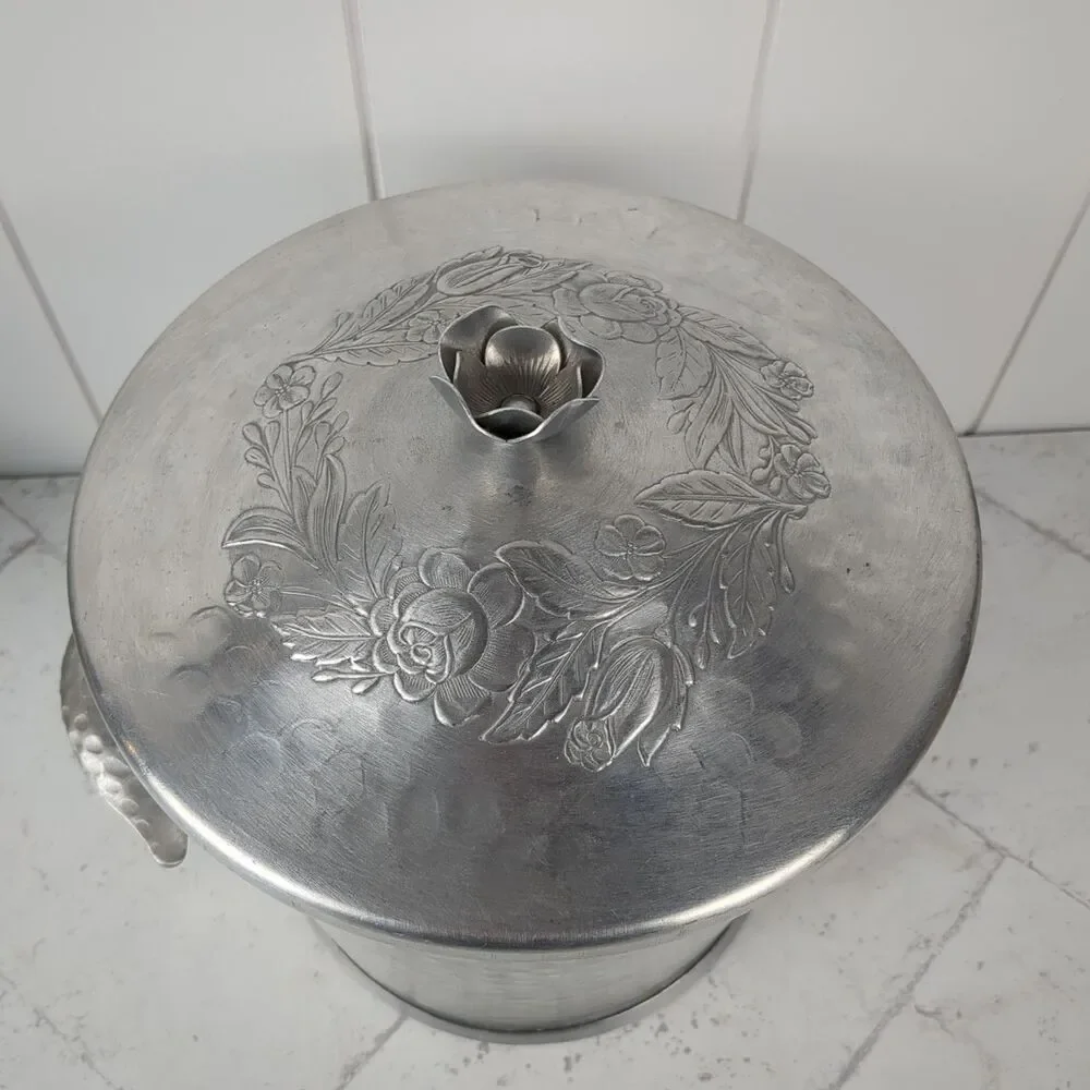 Vintage Hammered Aluminum Ice Bucket Floral Rose Midcentury Art Nouveau